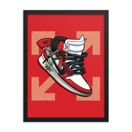 Legendary Elegance: Red & White Off-White Air Jordan 1 Framed Poster - KingKanvas