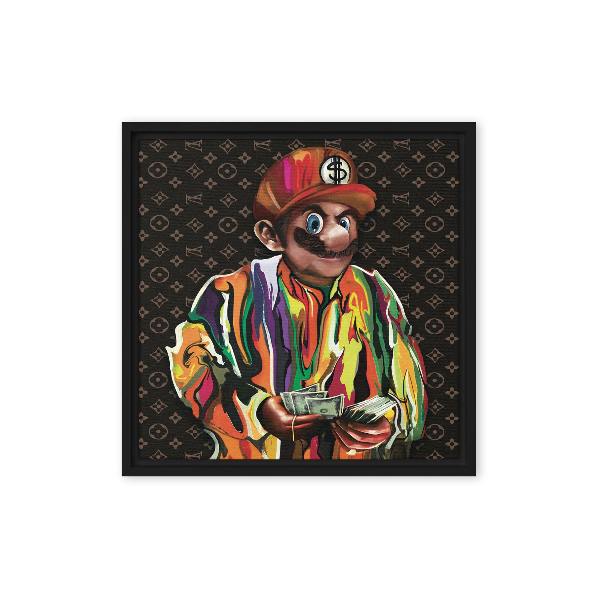 Mario's Hip-Hop Tribute: Biggie's Jumper in LV Background - Framed Wall Art Canvas - KingKanvas