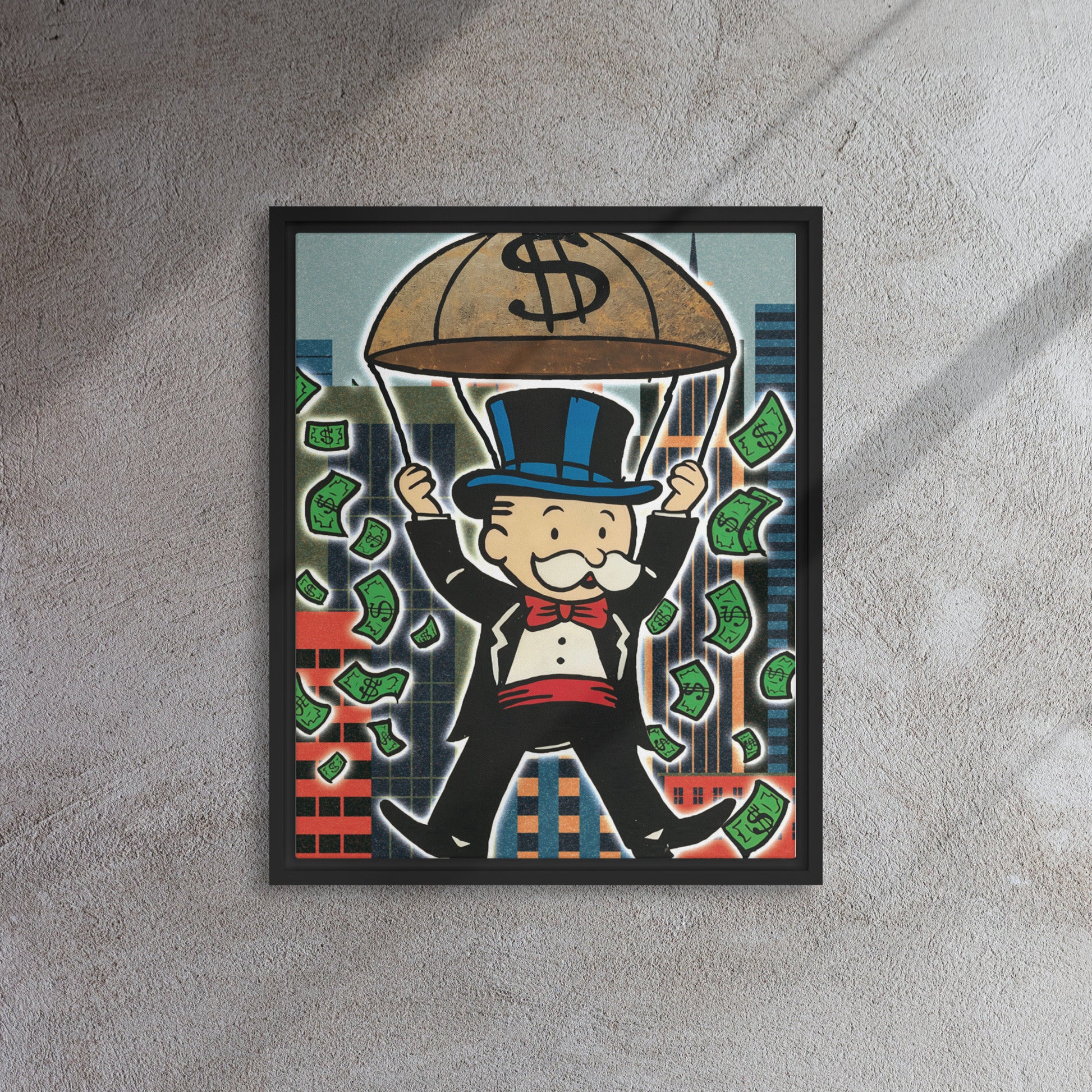 Monopoly Money Rain: The Thrill of Success Framed Canvas - KingKanvas