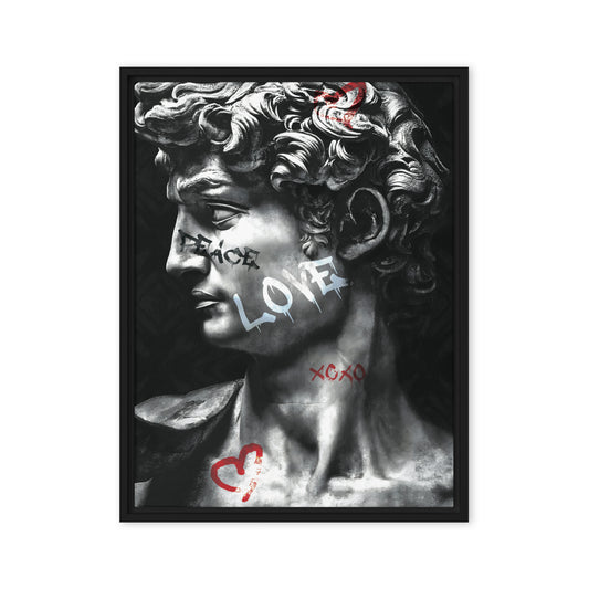 Love Unveiled: Graffiti-Infused Greek Statue Framed Wall Art Canvas - KingKanvas