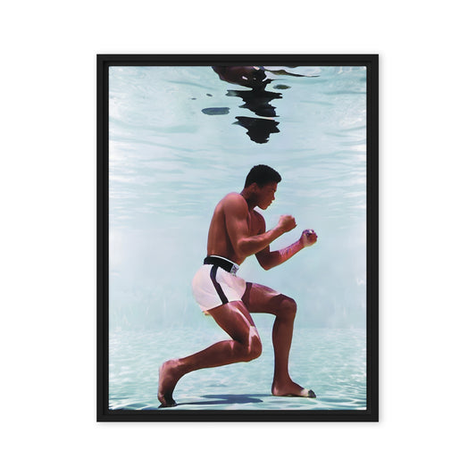 Underwater Poise: Muhammad Ali's Aquatic Grace - Framed Canvas Art