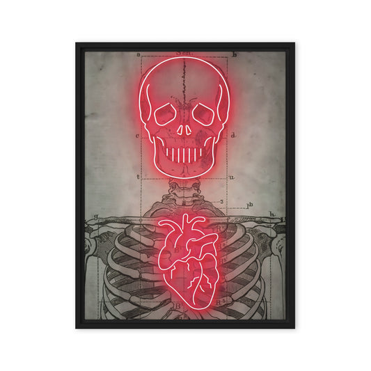 Neon Anatomy: Red-Lit Skeleton with Heart and Skull Highlights