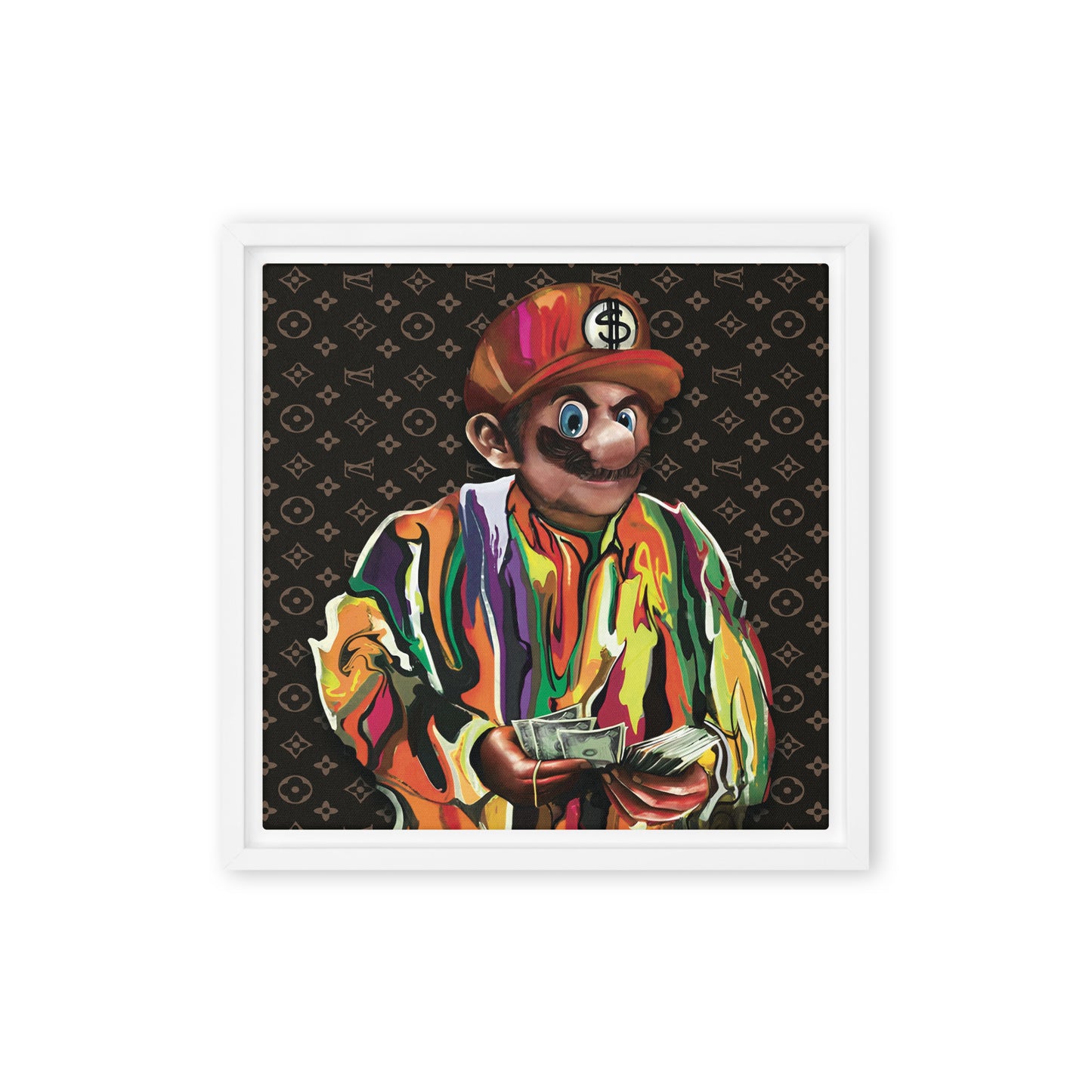 Mario's Hip-Hop Tribute: Biggie's Jumper in LV Background - Framed Wall Art Canvas - KingKanvas