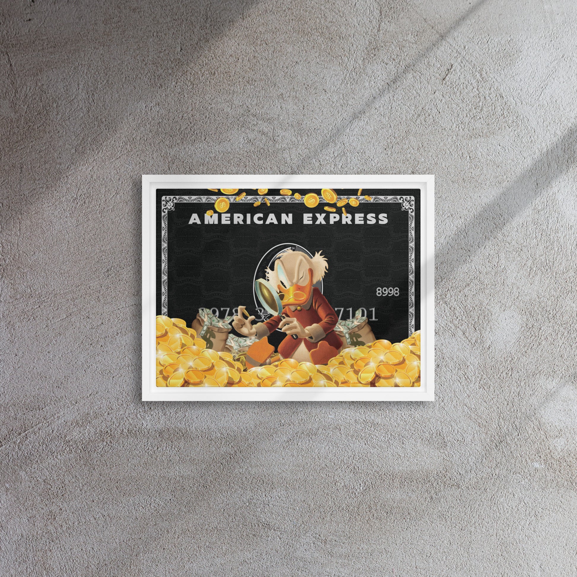 Golden Ambitions: Scrooge McDuck with Black Amex in a Sea of Wealth - KingKanvas