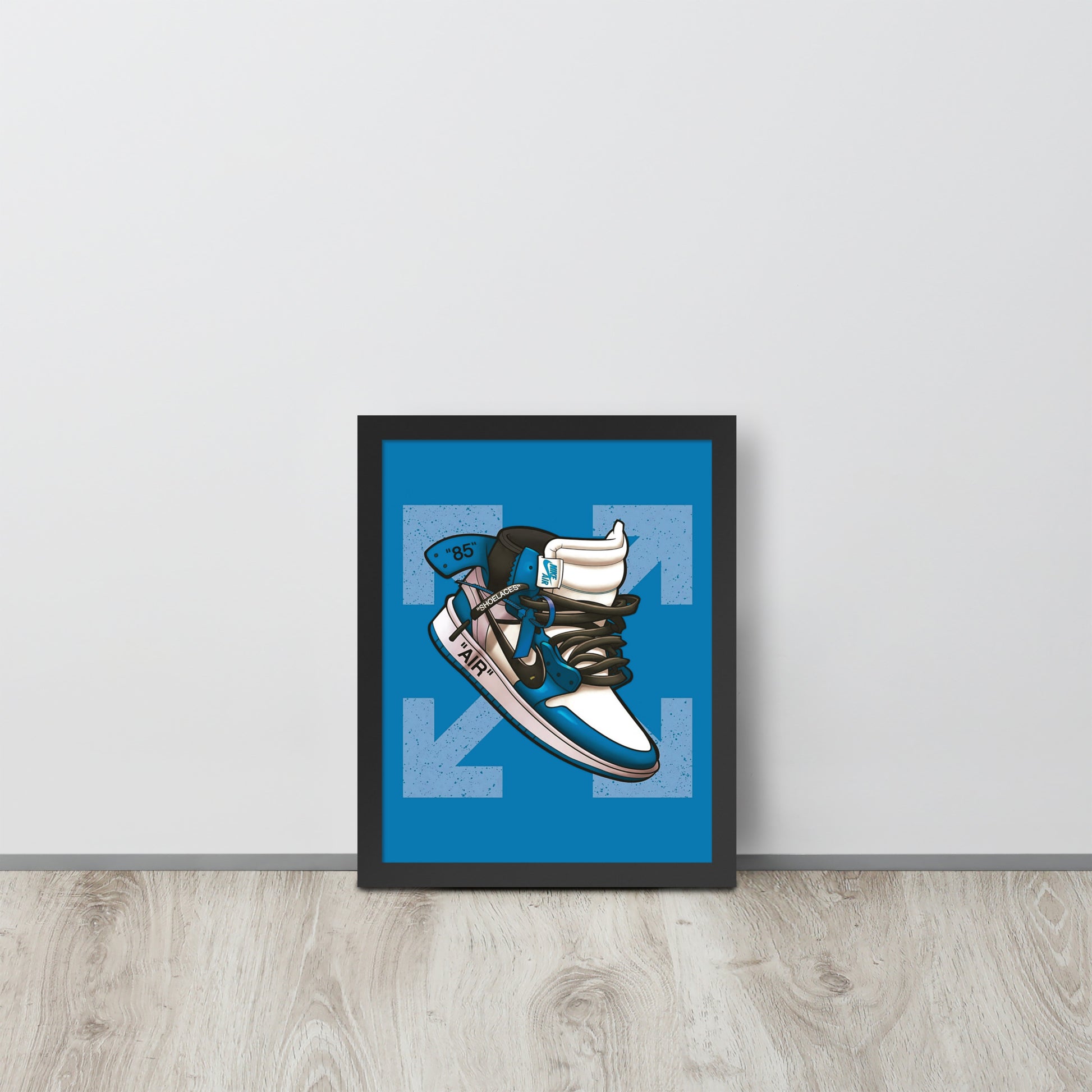 Airborne Elegance: Blue & White Off-White Nike Air Jordan 1 Framed Poster - KingKanvas