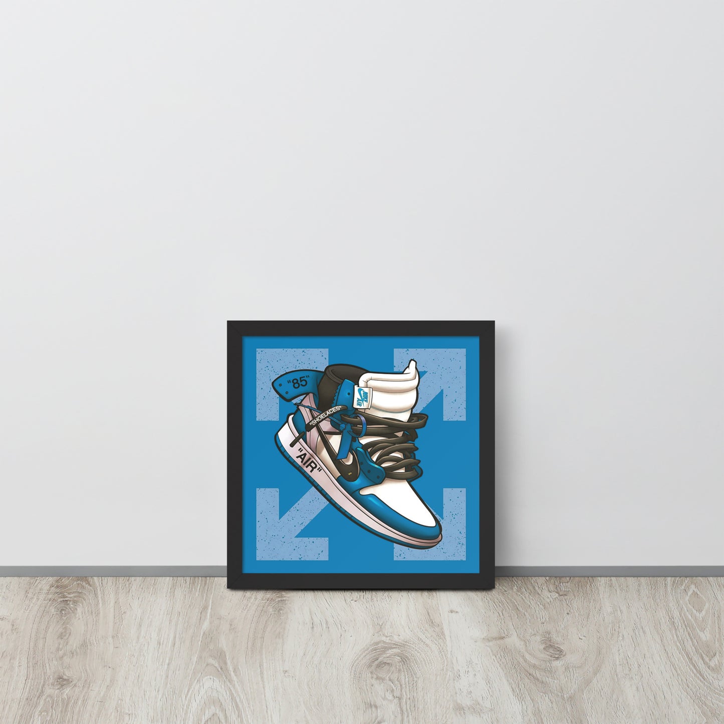 Airborne Elegance: Blue & White Off-White Nike Air Jordan 1 Framed Poster - KingKanvas