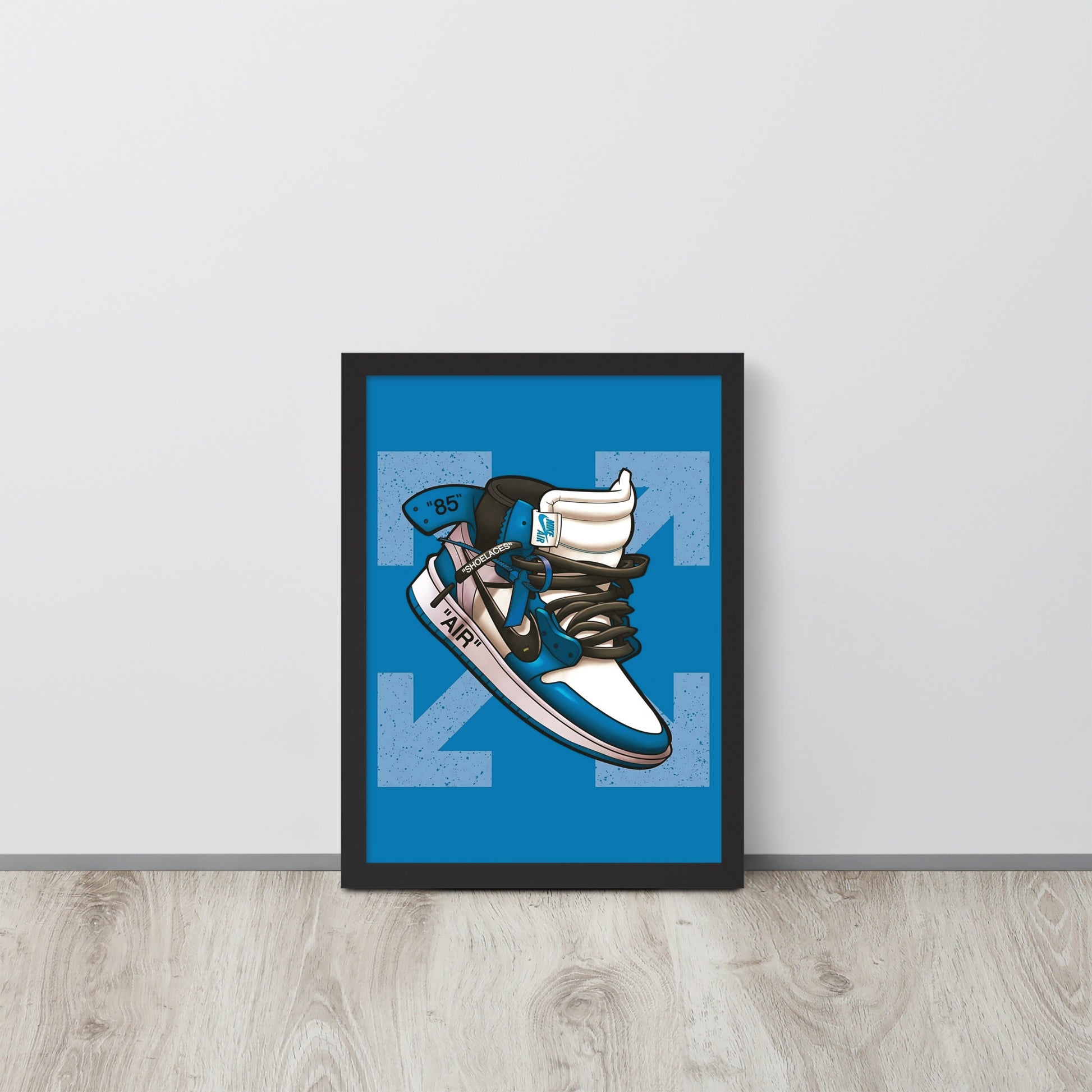 Airborne Elegance: Blue & White Off-White Nike Air Jordan 1 Framed Poster - KingKanvas