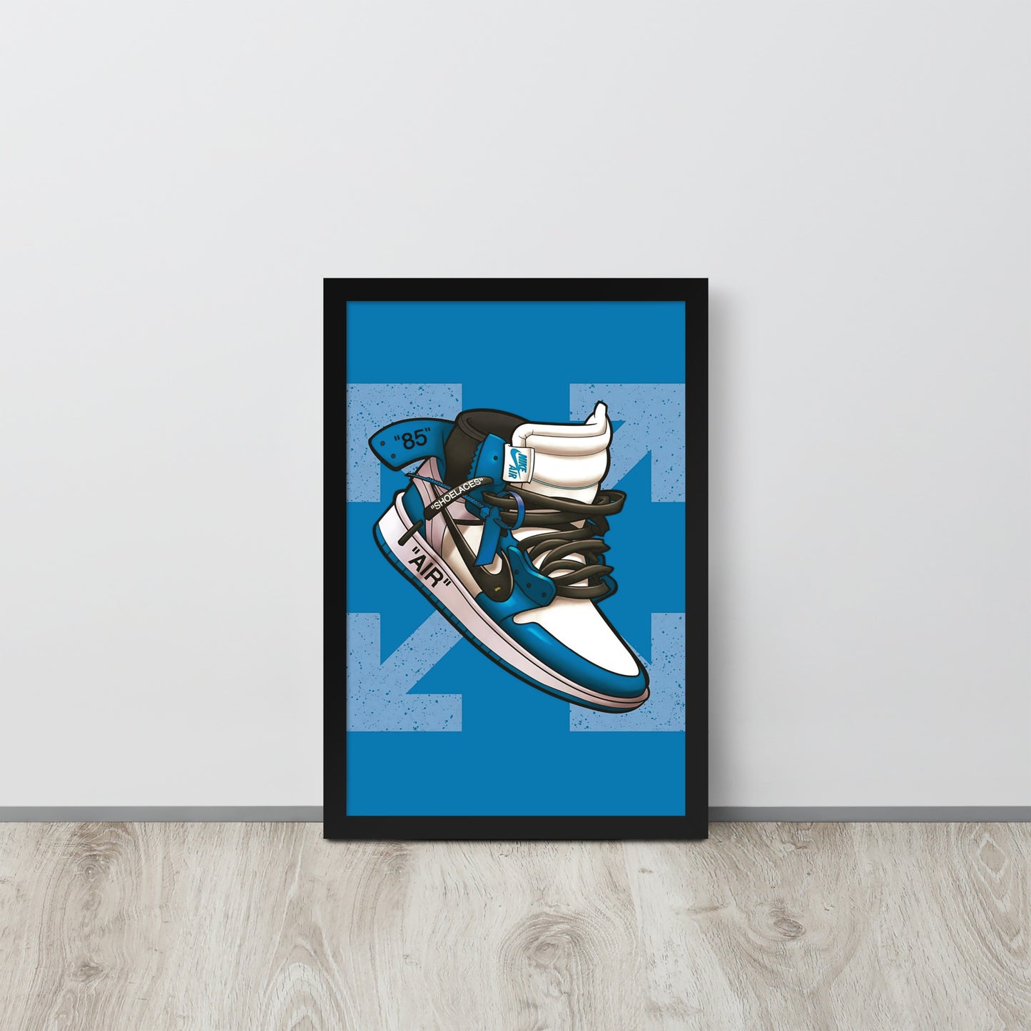 Airborne Elegance: Blue & White Off-White Nike Air Jordan 1 Framed Poster - KingKanvas