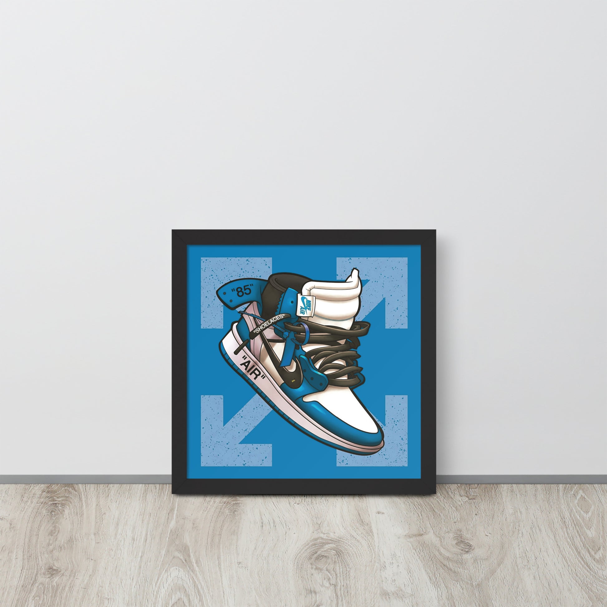 Airborne Elegance: Blue & White Off-White Nike Air Jordan 1 Framed Poster - KingKanvas