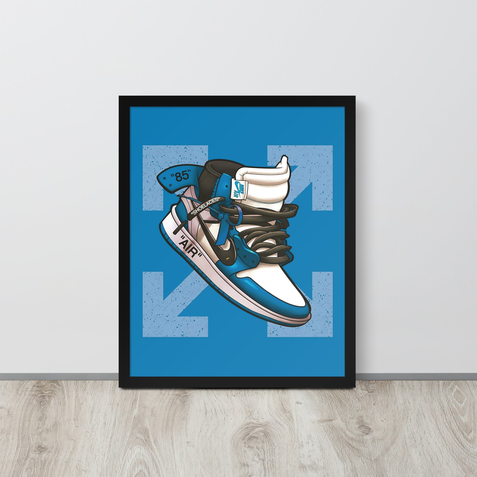 Airborne Elegance: Blue & White Off-White Nike Air Jordan 1 Framed Poster - KingKanvas