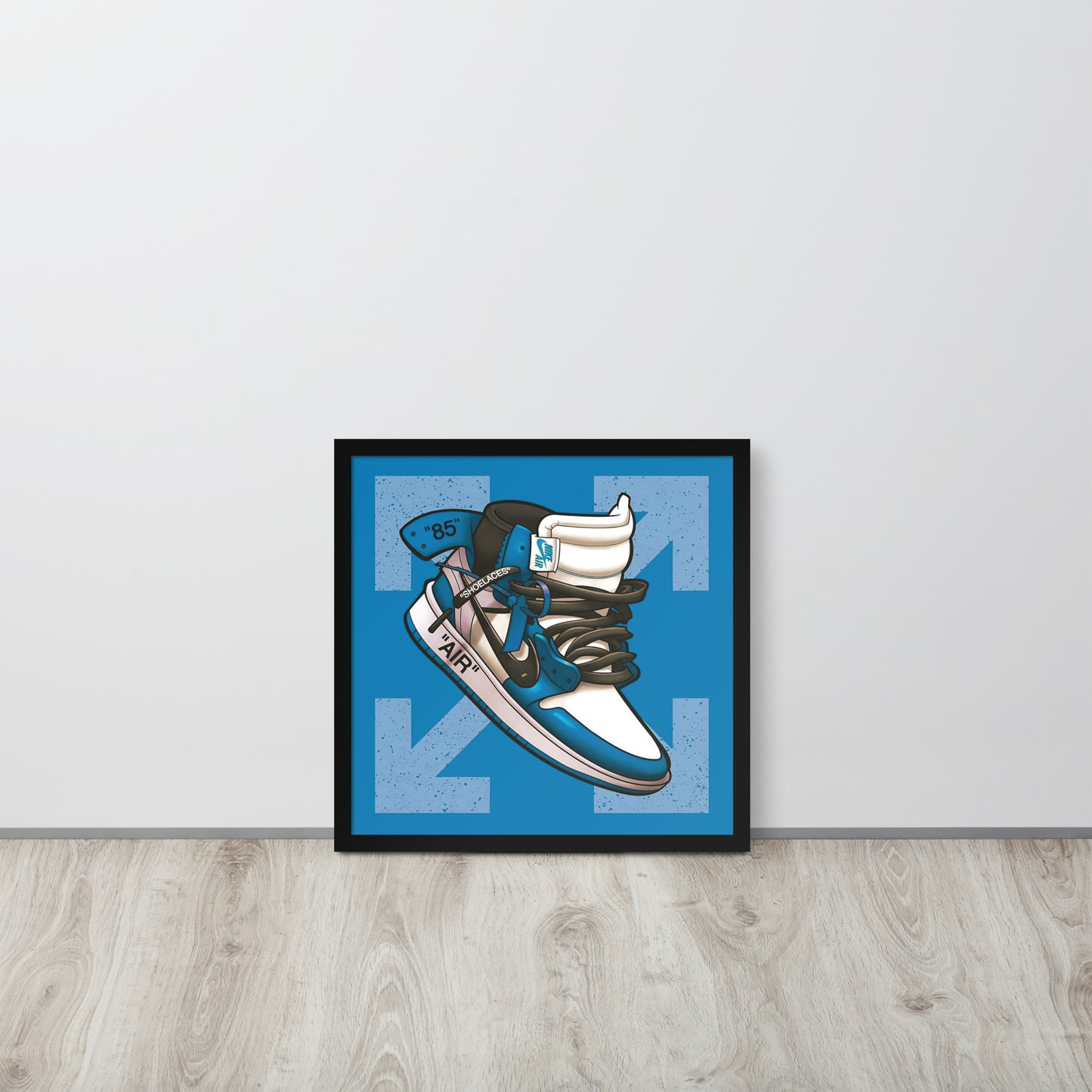 Airborne Elegance: Blue & White Off-White Nike Air Jordan 1 Framed Poster - KingKanvas