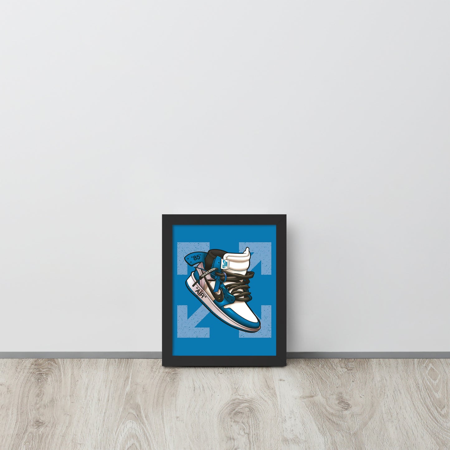 Airborne Elegance: Blue & White Off-White Nike Air Jordan 1 Framed Poster - KingKanvas