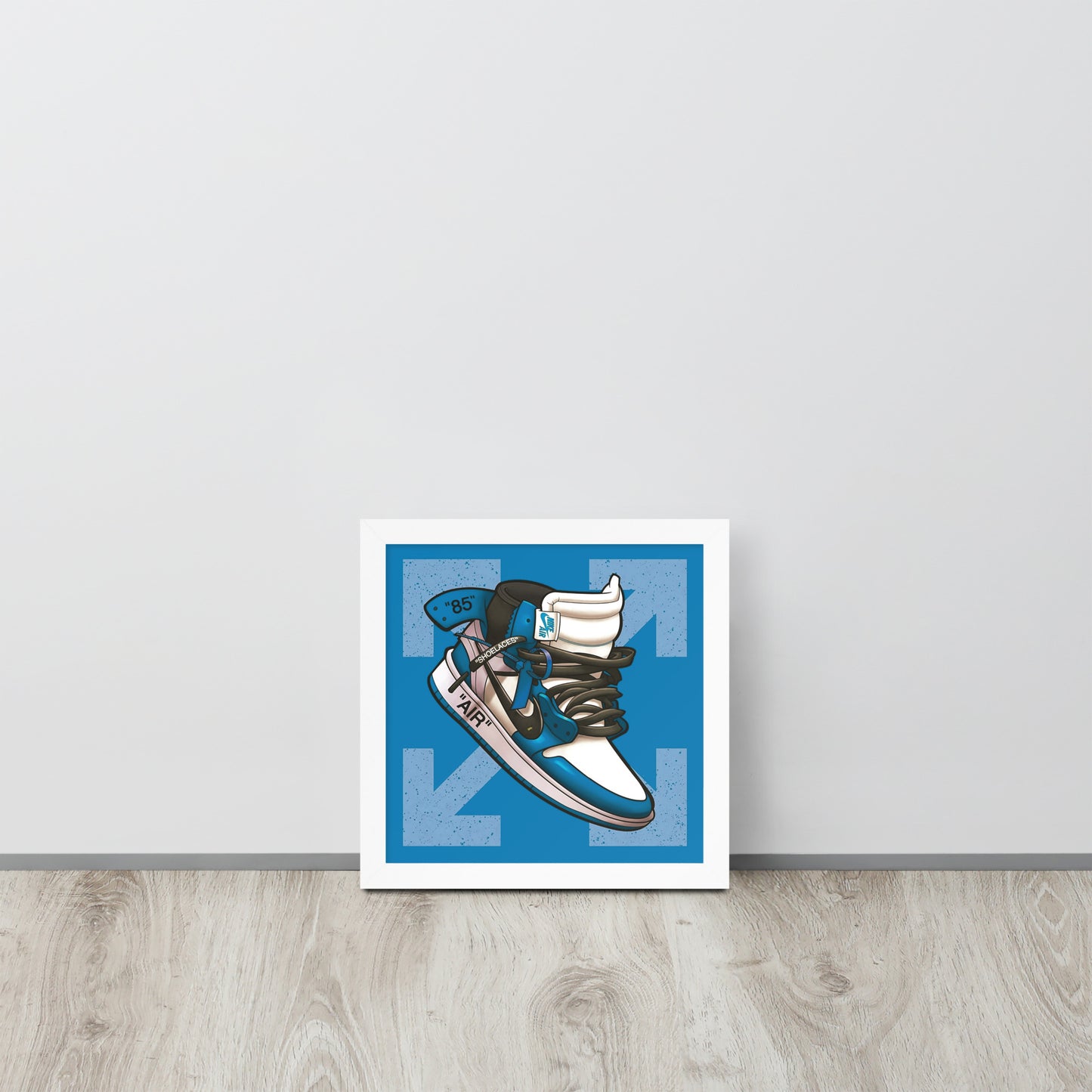 Airborne Elegance: Blue & White Off-White Nike Air Jordan 1 Framed Poster - KingKanvas