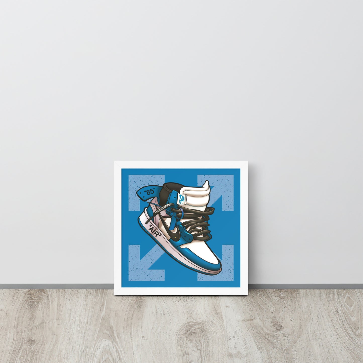 Airborne Elegance: Blue & White Off-White Nike Air Jordan 1 Framed Poster - KingKanvas