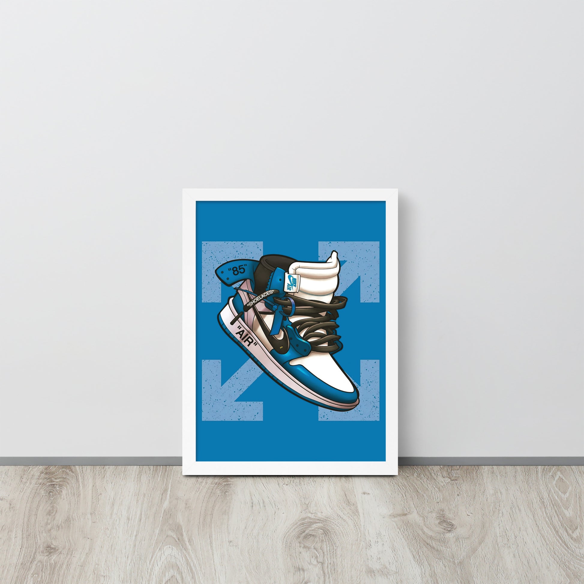 Airborne Elegance: Blue & White Off-White Nike Air Jordan 1 Framed Poster - KingKanvas