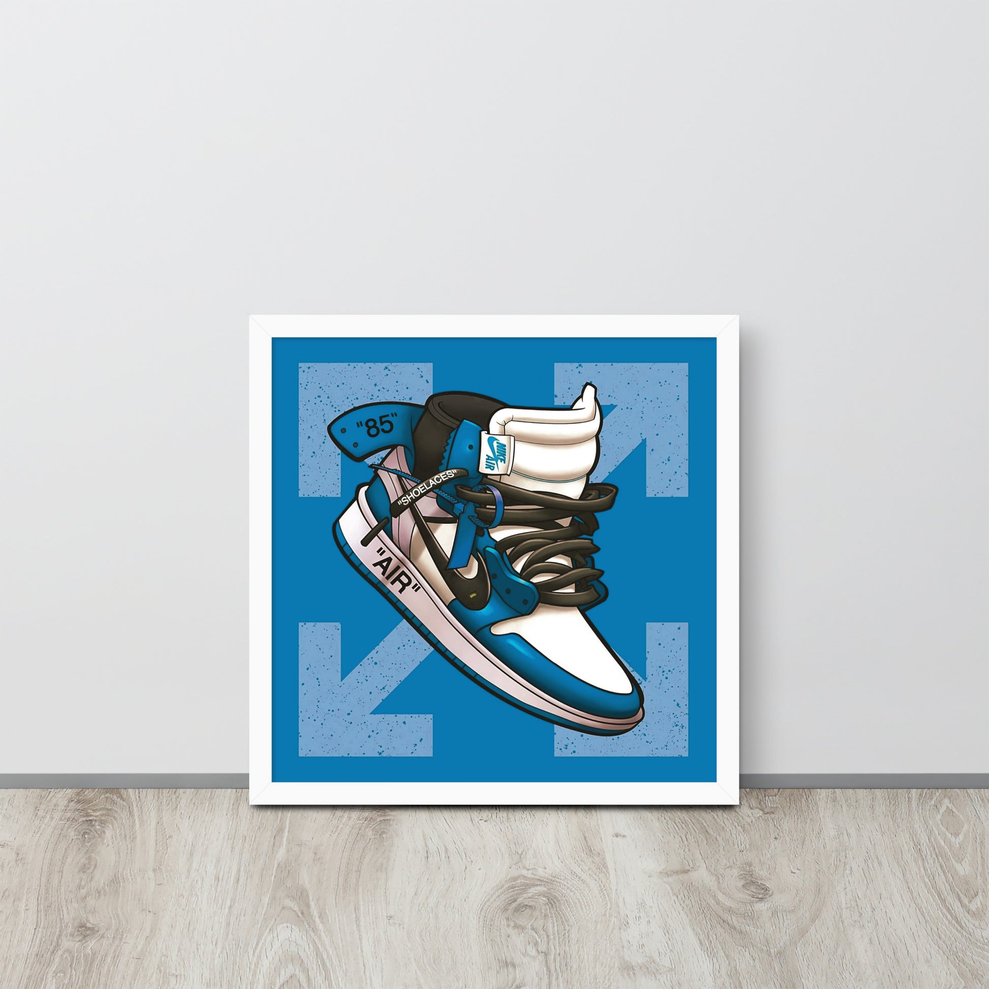 Airborne Elegance: Blue & White Off-White Nike Air Jordan 1 Framed Poster - KingKanvas