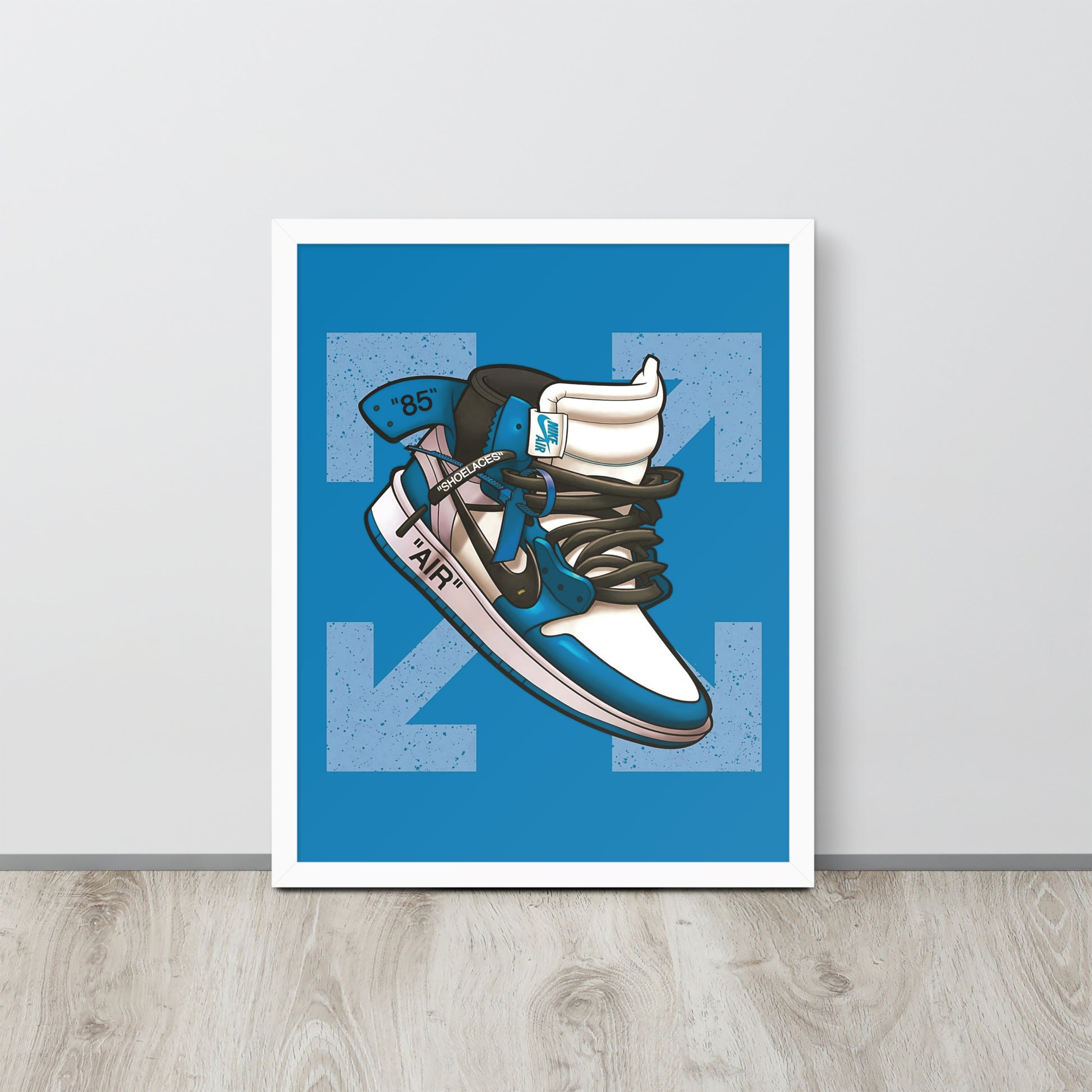 Airborne Elegance: Blue & White Off-White Nike Air Jordan 1 Framed Poster - KingKanvas