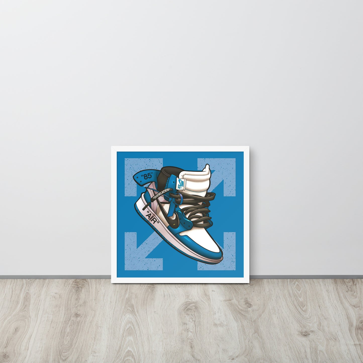 Airborne Elegance: Blue & White Off-White Nike Air Jordan 1 Framed Poster - KingKanvas