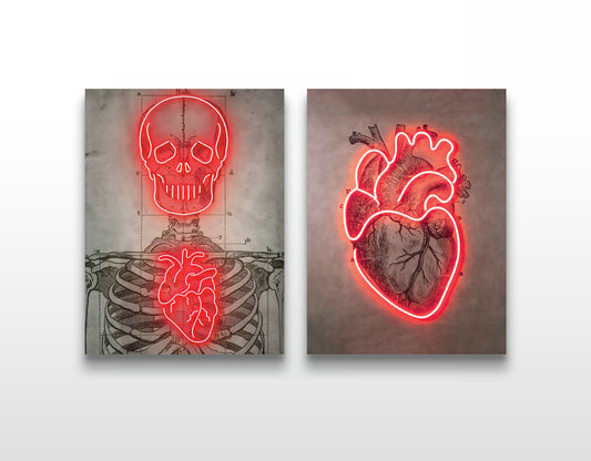 Neon Anatomy Duo: Radiant Skeleton and Heart Canvas Set