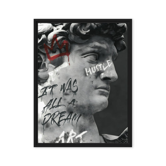 Classical meets Contemporary: Greek Statue with Hustle and It Was All A Dream Graffiti - Framed Wall Art Canvas - KingKanvas