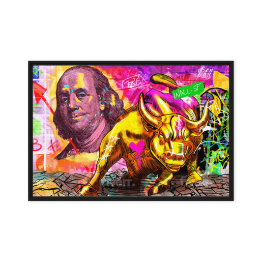 The Iconic Duo: Benjamin Franklin and the Bull of Wall Street Framed Canvas - KingKanvas