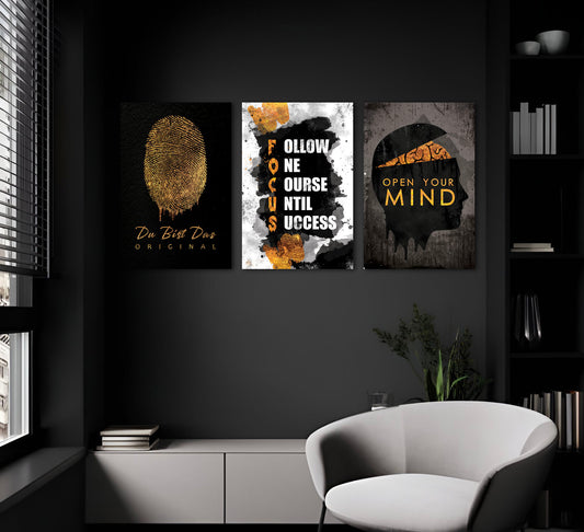 Gold Standard Collection: Add a touch of luxury and sophistication to your space with our bundle of framed wall art canvases, featuring sleek black and gold designs - KingKanvas