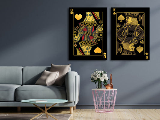 Royal Flush Bundle: Featuring the King of Spades, Queen of Hearts Framed Gold Wall Art Canvases. - KingKanvas